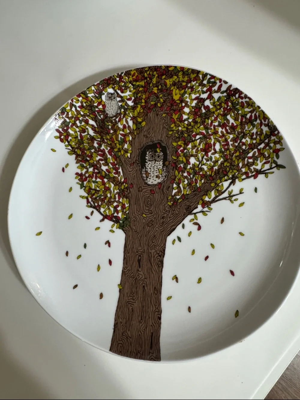 West Elm Whimsical White Ceramic Owl Tree Plate with Brown Trunk